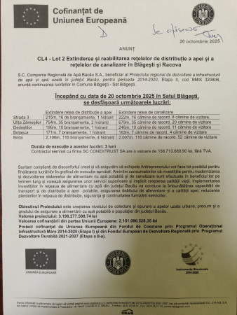 Extinderea  și reabilitarea rețelelor de distribuție a apei și a rețelelor de canalizare în Blăgești